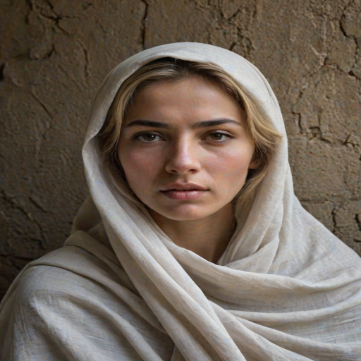 Create a close-up photographic image of a Tajik woman with light skin tones shown against an old, worn wall. Their head is wrapped in a white cloth covering (i.e.... parts of the head except the nose and mouth, which are open as if they are screaming...), with a slight texture and visible folds in the fabric. Thin strands of blonde hair escape from the wrapping above, falling lightly at the top and sides. Their hands hold the fabric as if they are tugging nervously. The lighting is dramatic and even, casting strong shadows. The image has a minimalist and surreal style with an emphasis on simplicity with soft color tones. The composition is centered.