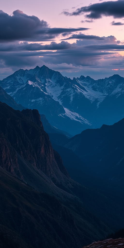 Generate a high-resolution landscape image of dramatic mountain ranges in a mystical twilight setting, using a DSLR camera at f/8 aperture, ISO 100, 24mm focal length, with a 16:9 panoramic view, and soft focus for enhanced detail and depth.