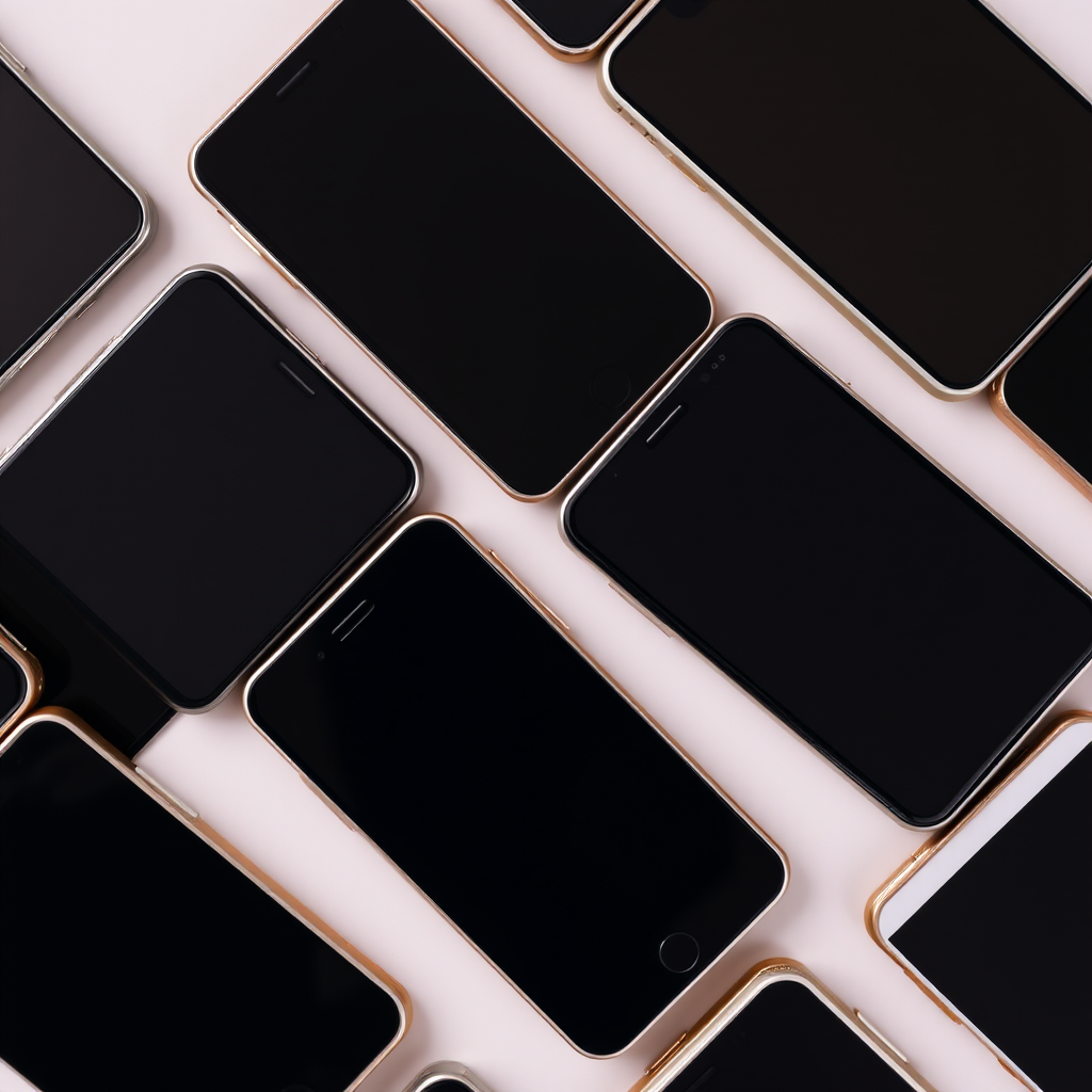 high-quality image of multiple smartphones with blank screens arranged in a dynamic pattern, shot with a DSLR camera using a 50mm lens, aperture f/1.8, shutter speed 1/200s, ISO 100, overhead view, soft lighting to minimize shadows