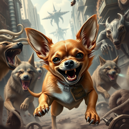 "Create a highly detailed and realistic image of a short-haired Chihuahua named Maya in an extremely fierce and enraged warrior pose. She is battling a pack of wolves and an alien creature, fighting for her life and the life of her owner. The Chihuahua should have a wild and aggressive appearance, with bared teeth and fierce eyes, showcasing her determination despite the overwhelming odds. She should have a distinct white patch on her chest, while the rest of her fur should be brown. A large tag with the name 'Maya' should be prominently displayed around her neck. The background should feature a sci-fi and steampunk style, filled with futuristic mechanical elements and Victorian technology, blending an urban landscape with fantastical details such as gears and steam."