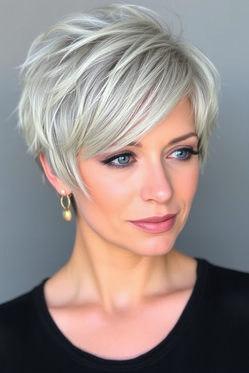 Chic silver-gray pixie with textured layers, styled in a tousled manner to create movement and dimension, exuding confidence and sophistication