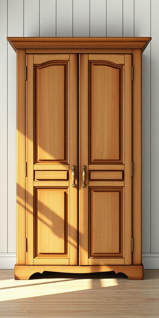 create a detailed illustration of a wooden cupboard with two doors, front view, use soft natural lighting, capture with a 50mm lens at f/2.8, set ISO to 100, use a DSLR camera for high resolution and clarity