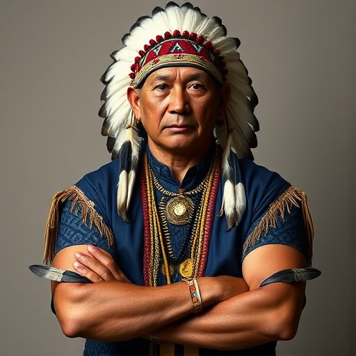 Create a dignified portrait of a Native American man dressed in traditional attire. He wears a beautifully crafted headdress adorned with white feathers and red beads, along with a beaded headband featuring intricate patterns. His clothing includes a deep blue, patterned shirt and a traditional chest piece with detailed beadwork. His arms are crossed, displaying leather armbands decorated with feathers. The background is simple and neutral, emphasizing his proud and stoic expression. The overall image captures the rich cultural heritage and strength of his persona.