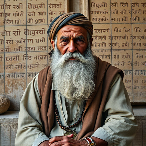 Create a highly detailed portrait of an elderly philosopher with a long beard and traditional attire, sitting against an ancient wall with faded inscriptions, using a Canon EOS R5 with a 85mm f/1.2 lens, aperture set to f/2.8, ISO 100, and natural soft lighting for a realistic texture and depth.