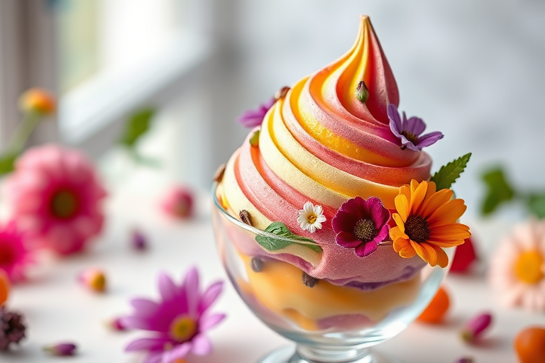 Create a high-resolution image of a colorful swirl ice cream cone in a glass dish, decorated with edible flowers and fresh fruits, shot with a Nikon D850 camera, 50mm f/1.8 lens, ISO 100, aperture f/2.8, soft natural lighting, and a shallow depth of field for a dreamy effect.