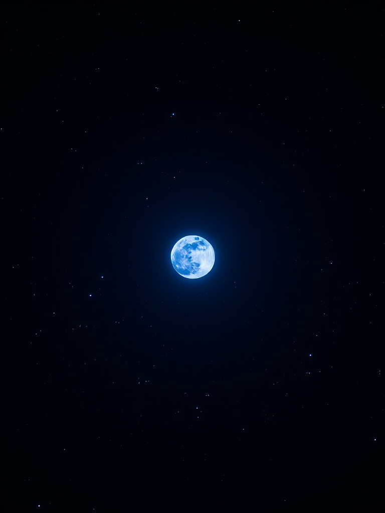 Create a high-resolution image of a bright blue moon in a star-filled night sky, using a DSLR camera with a 50mm lens, f-stop of 1.8, ISO 100, at a shutter speed of 1/200s, with a wide-angle view to capture the vastness of space.