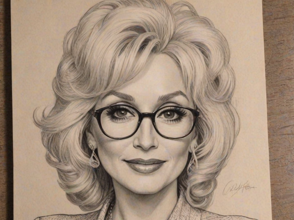 Captivating Dolly Parton, pencil sketch, portrait of Fetching woman 1927s in glasses, hair style beatnik, outline, clear lines, fine lines, 8k