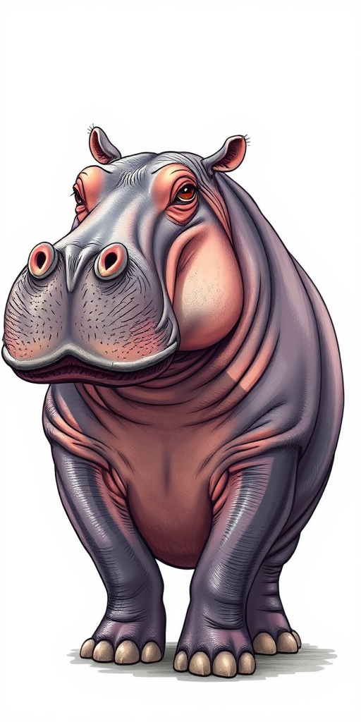 Create a highly detailed illustration of a hippo standing sideways, using a DSLR camera, 35mm lens, f/8 aperture, 1/250s shutter speed, natural lighting, with a focus on texture and shadows for realism.