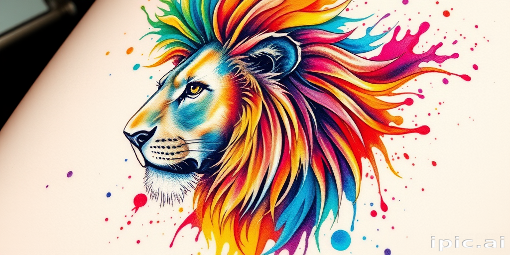 Watercolor splash tattoo depicting a majestic lion with a flowing mane of vibrant rainbow hues, seamlessly blending realism and abstract expressionism for a stunning artistic piece