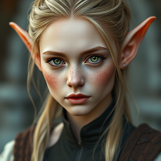 Generate a hyper-realistic portrait of a female elf with pointed ears and freckles, wearing a detailed medieval outfit, with soft lighting to enhance facial features, shot with a Canon EOS R5 at f/1.8, 85mm lens, ISO 100, in portrait orientation.