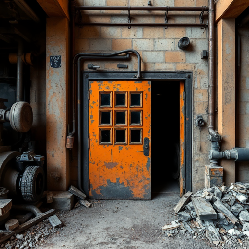 Capture an industrial scene featuring a weathered orange door with multiple windows, surrounded by rubble and exposed machinery, using a DSLR camera with a 50mm lens, aperture set to f/2.8, ISO 200, and a natural light setting to enhance details and textures.