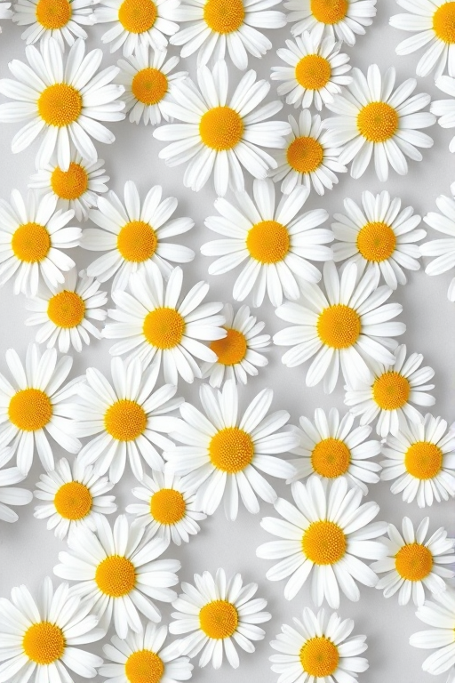 Generate a seamless pattern of white daisies with yellow centers on a soft gray background, using a Canon EOS R5 with a 50mm f/1.2 lens, aperture set to f/4, ISO 100, and a slight vignette effect for enhanced depth.
