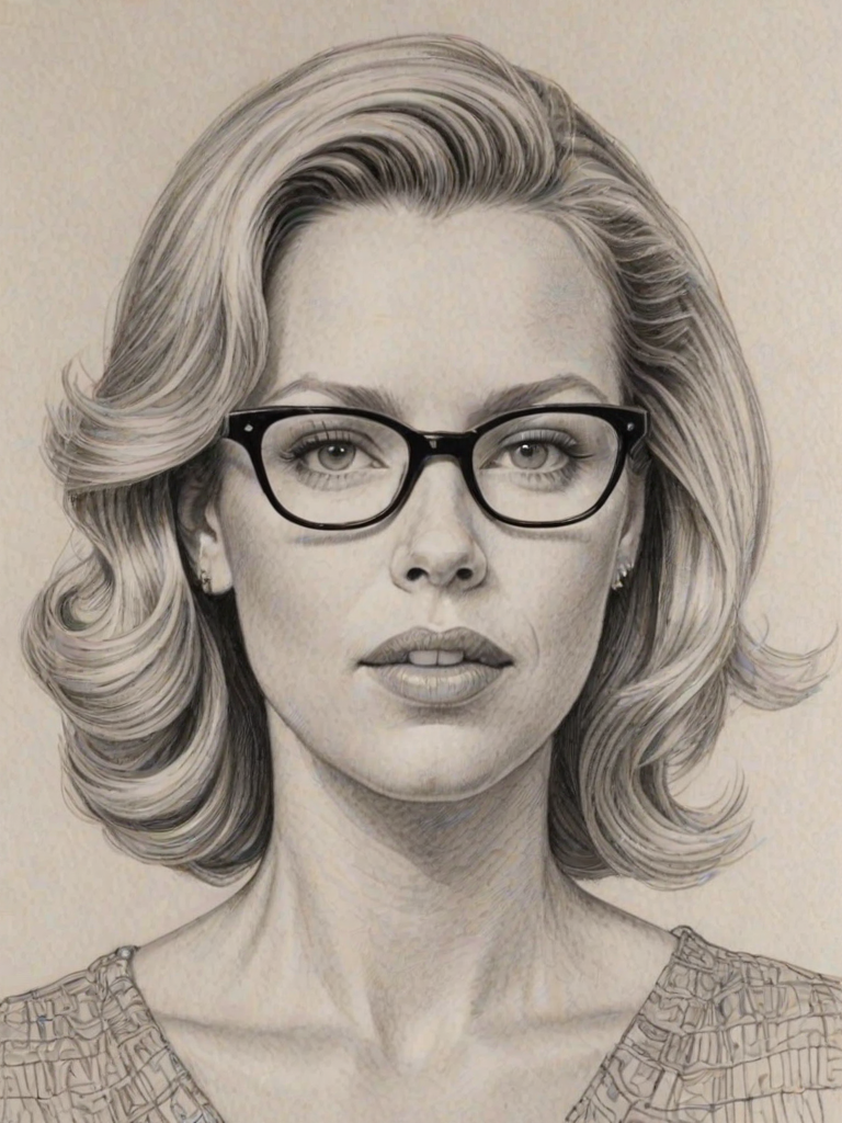 Dazzling Jessica St. Clair, pencil sketch, portrait of Dazzling woman 1959s in glasses, hair style beatnik, outline, clear lines, fine lines, 8k