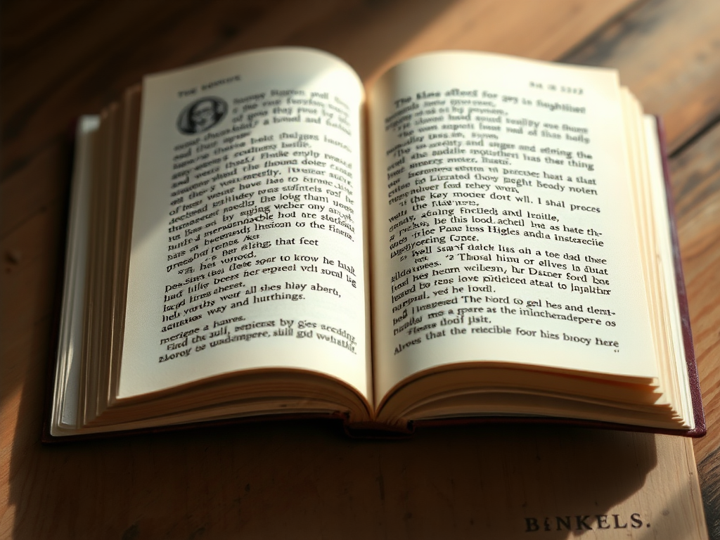 a detailed illustration of an open book with visible written text, high resolution, macro lens, f/2.8 aperture, 50mm prime lens, soft natural lighting, overhead view, digital art style