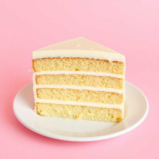 A detailed close-up of a slice of layered cake on a white plate, showing multiple layers of sponge and cream filling. The cake has a creamy frosting and is set against a soft pink background, creating a visually appealing dessert image.
