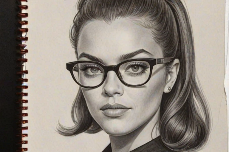 Enticing Jesse Williams, pencil sketch, portrait of Bewitching woman 1960s in glasses, hair style beatnik, outline, clear lines, fine lines, 8k