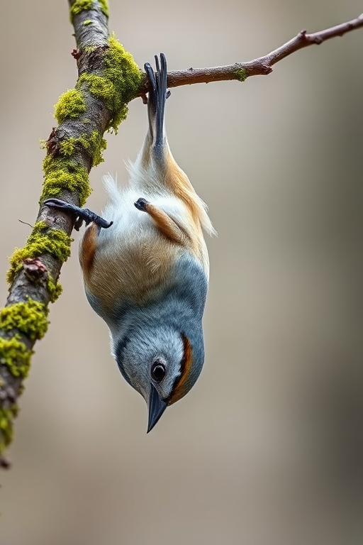 Capture a close-up of a small bird perched upside down on a moss-covered branch with a soft, blurred background, using a DSLR camera with a 50mm f/1.8 lens, aperture set to f/2.8, shutter speed at 1/200s, and ISO at 400 for enhanced detail and depth of field.