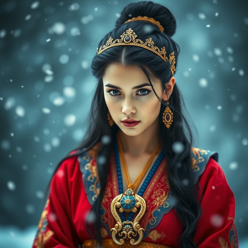 A young woman with long black hair styled in a high bun, adorned with a gold crown and intricate hair ornaments, stares intently at the viewer. She wears a vibrant red and gold embroidered robe with blue accents, a gold belt with a large ornate buckle, and a blue and gold shoulder piece. The woman is positioned in the center of the frame, with the background blurred and filled with falling snow. The image has a soft, ethereal feel with a focus on the woman's face and attire, creating a portrait-like composition. The colors are rich and saturated, with the red, gold, and blue of the clothing standing out against the muted blue and white of the snowy backdrop. The lighting is soft and diffused, casting a warm glow on the woman's face.  The overall mood is elegant and mysterious.  The details of the woman's attire, especially the intricate embroidery and embellishments, add a sense of opulence and grandeur.  The falling snow further enhances the sense of winter magic and wonder.
