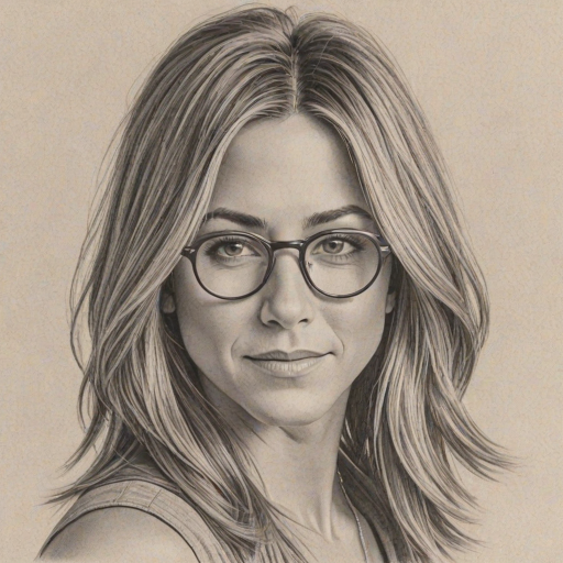 Elegant Jennifer Aniston, pencil sketch, portrait of Exquisite woman 1929s in glasses, hair style beatnik, outline, clear lines, fine lines, 8k