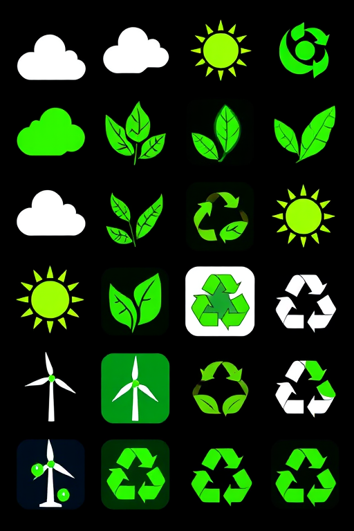 Create a clean and vibrant grid layout featuring 12 different green eco-friendly symbols such as clouds, leaves, sun, wind turbines, and recycling icons with a black background, using a Canon EOS R5 camera with a 24-70mm f/2.8 lens, aperture set to f/8, ISO 100, and a focus on high dynamic range to enhance color saturation and detail.