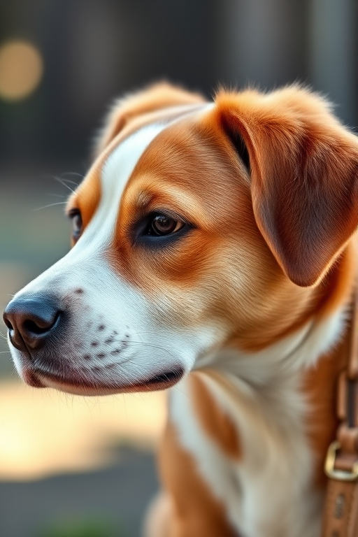 A close-up portrait of a brown and white dog with soft fur, facing slightly to the side, in natural outdoor lighting, with a shallow depth of field, taken with a Canon EOS 5D Mark IV at f/2.8, ISO 400, and a focal length of 50mm.