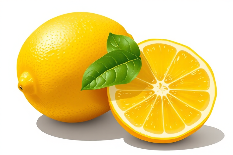 A realistic illustration of a whole lemon and a sliced lemon with a green leaf, shot with a Canon EOS R5 camera, 50mm lens, f/2.8 aperture, ISO 100, in natural light to enhance color vibrancy and clarity.