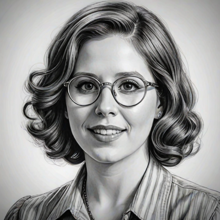 Gorgeous Vanessa Bayer, pencil sketch, portrait of Magnificent woman 1939s in glasses, hair style beatnik, outline, clear lines, fine lines, 8k