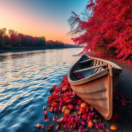 a serene river scene at sunset with vibrant pink and orange foliage, a rustic wooden boat on the shore surrounded by colorful leaves, soft reflections on the water, taken with a DSLR camera at f/4, ISO 100, 1/125 sec, shot from a low angle for an immersive foreground view
