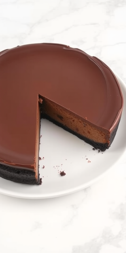 A delicious chocolate cheesecake on a white plate with a slice removed, showcasing its smooth texture and chocolate color, set against a light marble background.