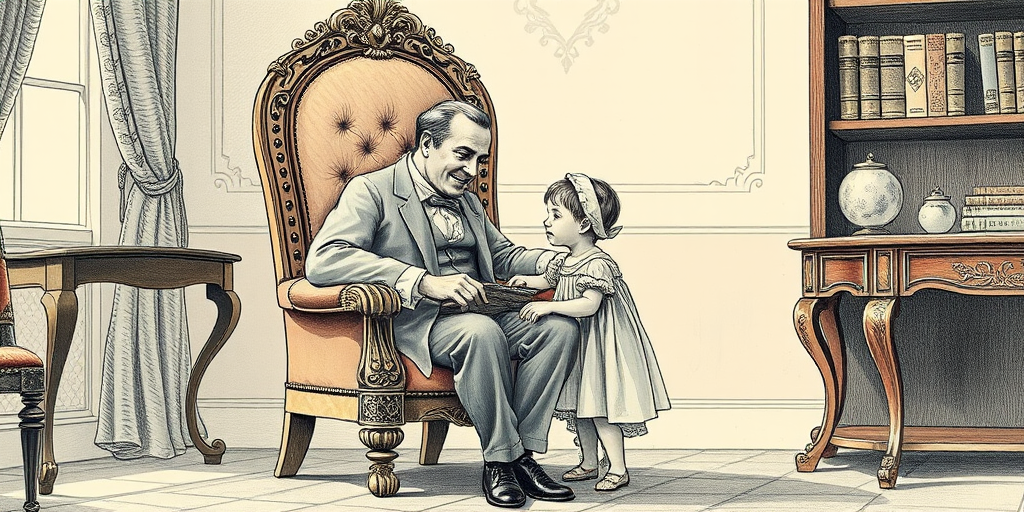 A vintage illustration of a man seated in an ornate chair, interacting with a child standing next to him, natural lighting, depth of field at f/2.8, 50mm lens, high-resolution DSLR camera.