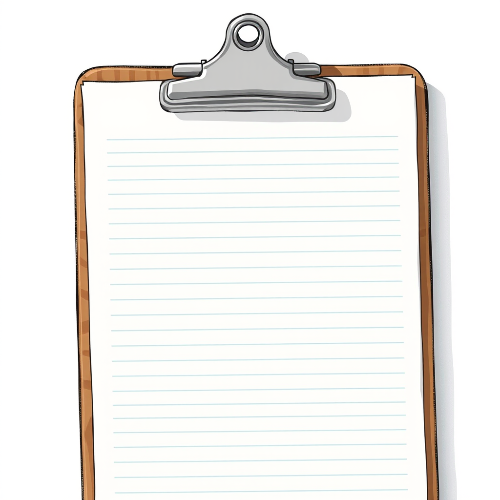Create a detailed illustration of a clipboard with a clean sheet of lined paper, using a DSLR camera with a 50mm lens, aperture set to f/2.8, ISO 100, natural lighting with a shallow depth of field, shot from a slightly elevated angle to capture the clipboard's texture and design.