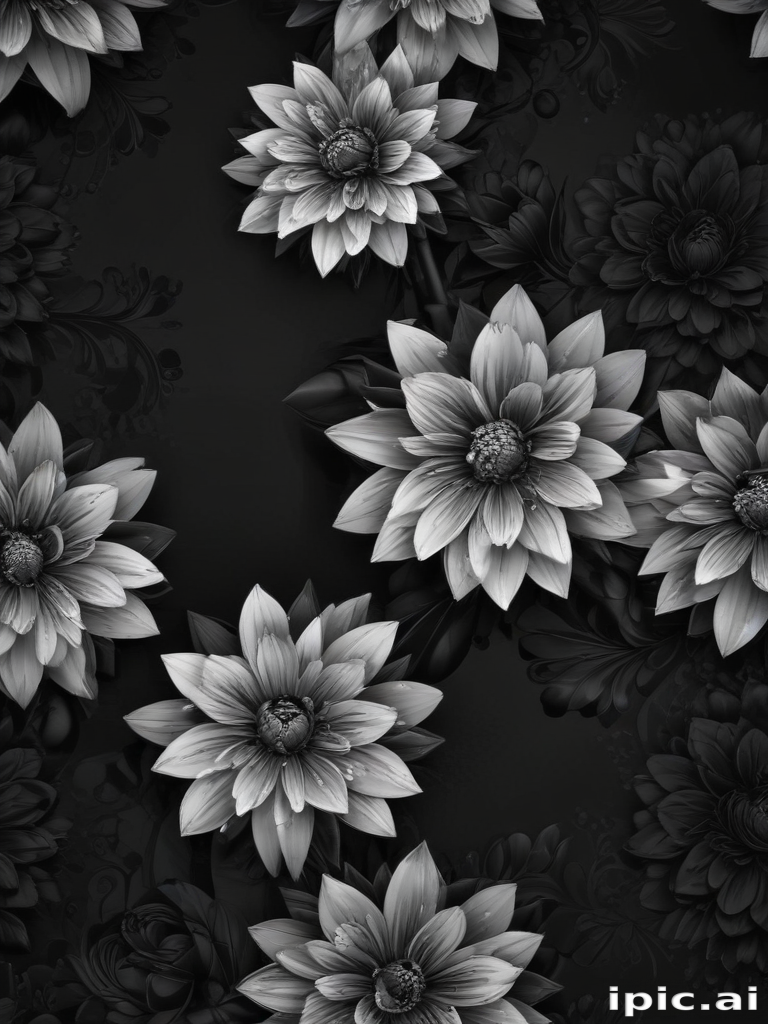 Elegant Black and White Floral Design with Lush Blossoms and Leaves.