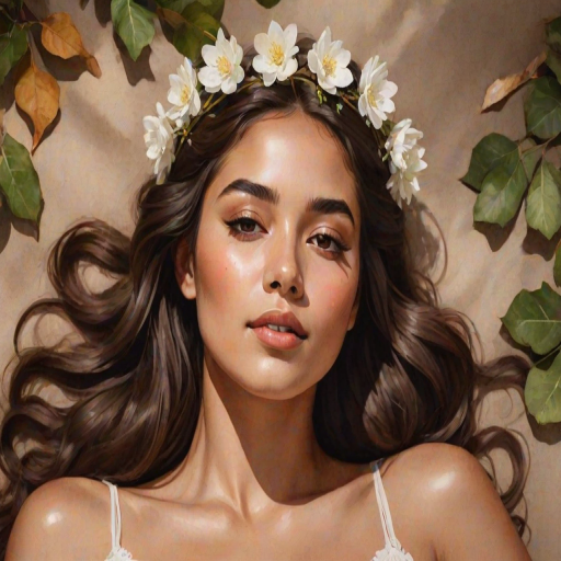 create a watercolor painting of an ethereal portrait of beautiful Hispanic woman with a simple white flower crown on her head. Her hair is long and she is lying on the ground. The sunlight on the trees casts shadows from the leaves on her face and body. The background is a neutral brown color that matches her skin tone. The image is minimalist and solid colors. This style is characterized by soft, delicate brushstrokes and a light, airy, contrasting color palette. High level of detail and play of light