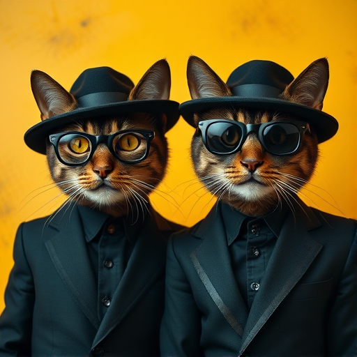 Generate an image of two anthropomorphic cats dressed in black suits and hats, one wearing glasses with yellow eyes and the other with sunglasses, set against a textured yellow background, using a DSLR camera with a 50mm lens, f/2.8 aperture, ISO 100, 1/250s shutter speed, shot in a portrait orientation with soft lighting to emphasize details.