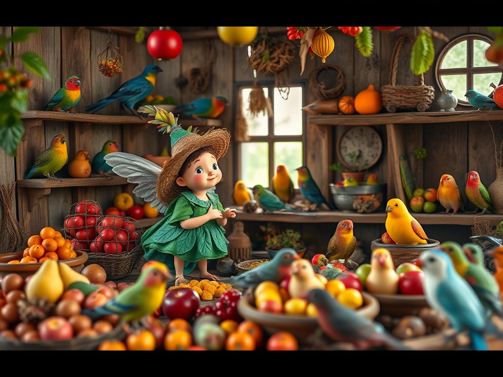 Create a whimsical scene featuring two magical characters in a rustic workshop filled with a variety of birds, surrounded by vibrant fruits and playful interactions, using a Canon EOS R5 with a 50mm f/1.2 lens, aperture set to f/2.8, ISO 100, and soft, diffused natural lighting to enhance the colors and details.