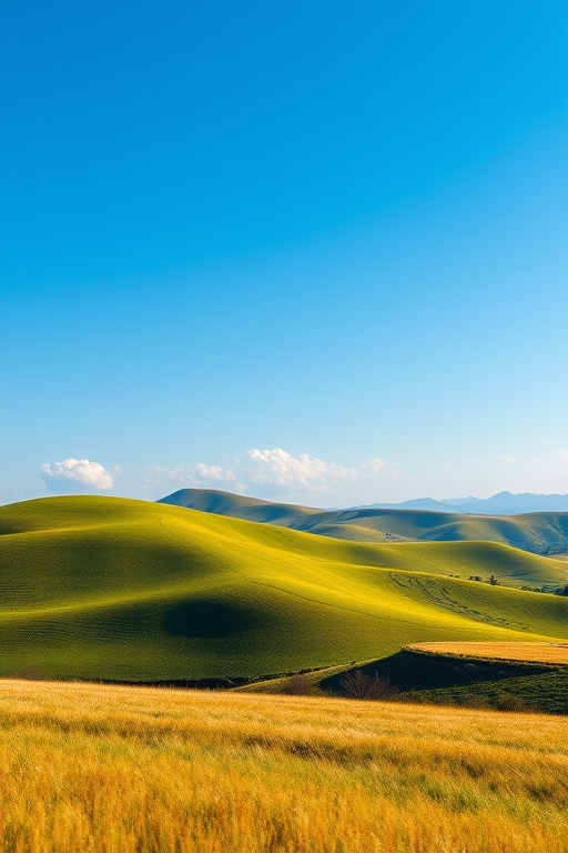 high-quality landscape photography of rolling green hills under a clear blue sky, golden fields in the foreground, soft clouds in the distance, taken with a Canon EOS R5, 24mm lens, f/11 aperture, ISO 100, 1/125s shutter speed, wide-angle view, natural light.