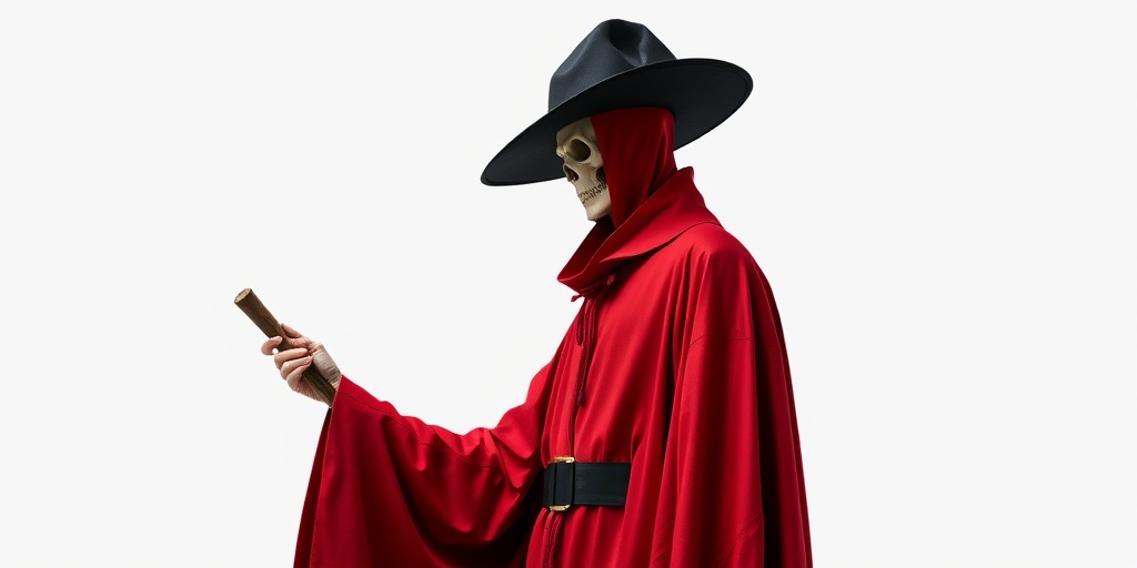 Create a high-resolution illustration of a plague doctor in a long red robe with a black hat, holding a stick, standing in a minimalist white background, shot with a Canon EOS R5 at f/4, 1/125 sec, ISO 100, in portrait orientation, using a soft lighting setup for enhanced details.
