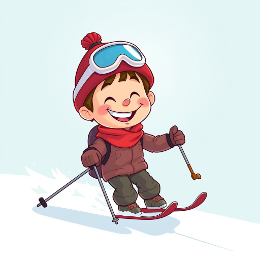 Create a high-resolution cartoon character of a smiling skier in a red hat, holding a ski pole and carving snow, shot with a DSLR camera at f/2.8, ISO 100, 50mm lens, in bright daylight.
