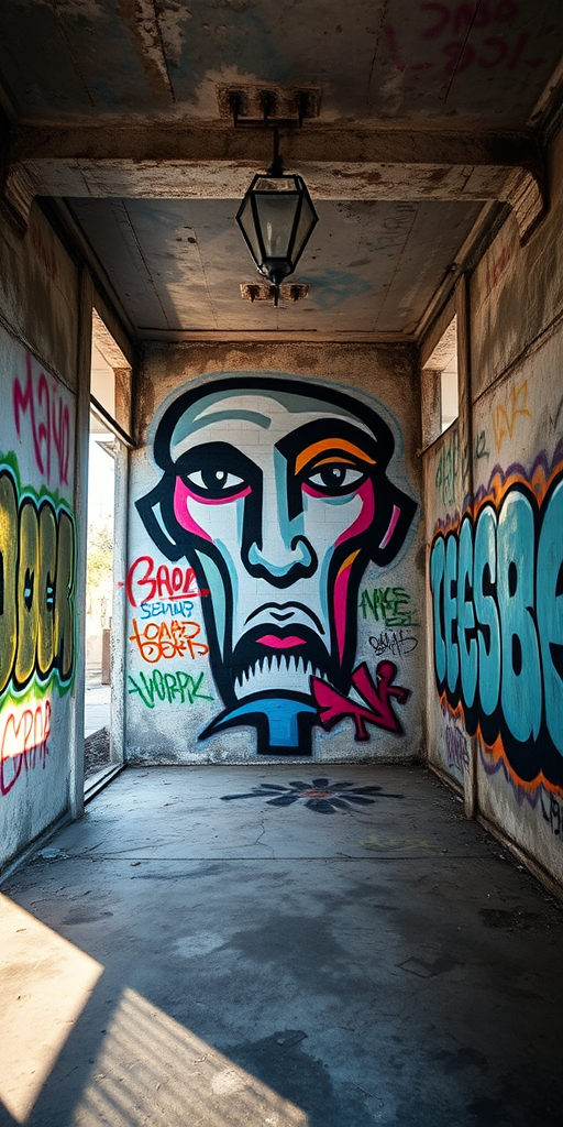Capture a vibrant urban graffiti scene inside a weathered concrete room with a large mural of a face, using a Canon EOS R5, 24mm lens, aperture f/8, ISO 100, with natural lighting and a wide-angle view to enhance detail and color saturation.