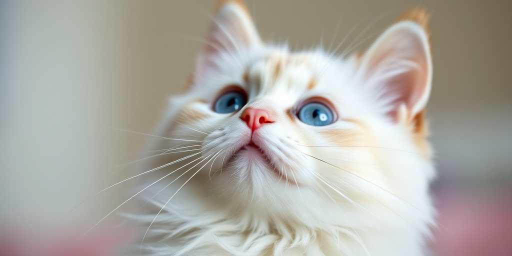 Close-up shot of a fluffy white cat with blue eyes looking upwards, aperture f/2.8, ISO 200, 85mm lens, soft focus background, natural light, DSLR camera.