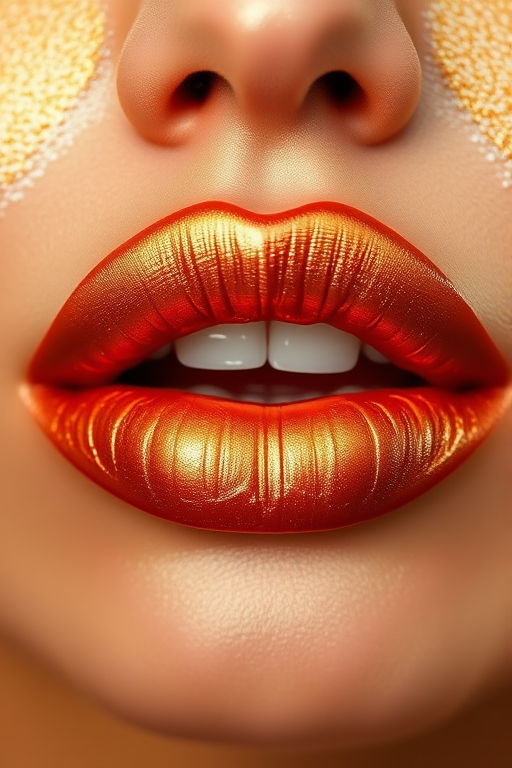 Shimmering bronze lips with a metallic finish, named "Sun-Kissed Glow," featuring warm undertones and a luxurious, molten metal appearance