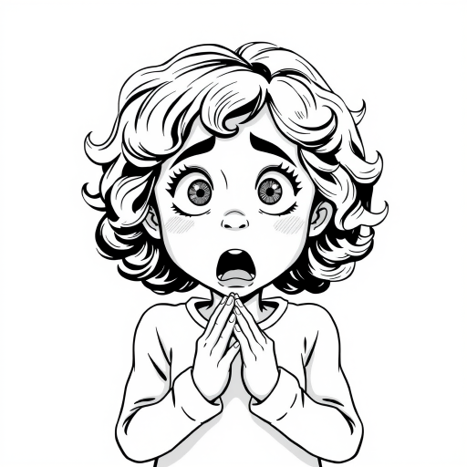 The image is a black and white illustration of a young girl with curly hair. She has a surprised expression on her face with her mouth open and her hands clasped together in front of her chest. Her eyes are wide and her eyebrows are furrowed. Her hair is styled in loose curls that are cascading down her back. The overall mood of the image is one of shock or surprise.