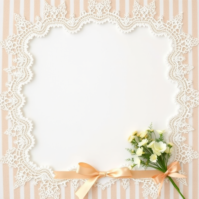 Create a high-resolution wedding card background featuring a blank white space in the center, framed by delicate lace and soft beige stripes, adorned with a subtle floral decoration and a ribbon, using a DSLR camera, 50mm lens, f/2.8 aperture, ISO 100, natural lighting.