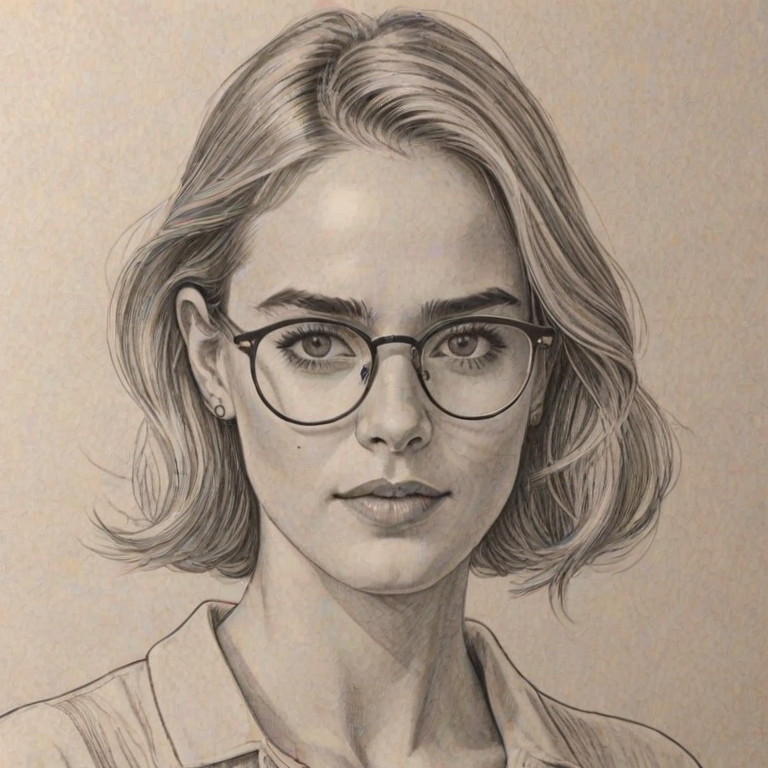 Beauteous Emily Wickersham, pencil sketch, portrait of Magnificent woman 1937s in glasses, hair style beatnik, outline, clear lines, fine lines, 8k