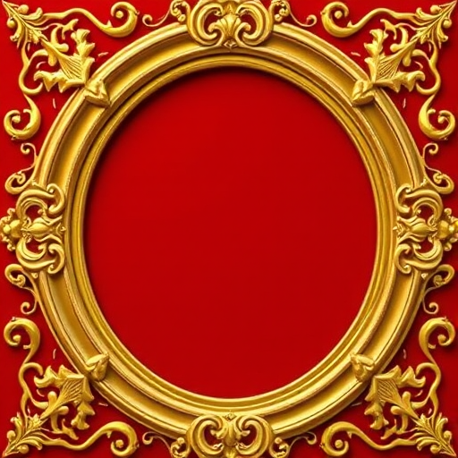 Create an ornate golden oval frame with intricate designs on a deep red background, using a DSLR camera with a 50mm lens, f/1.8 aperture, ISO 100, 1/60s shutter speed, shot in macro style for enhanced detail and clarity.