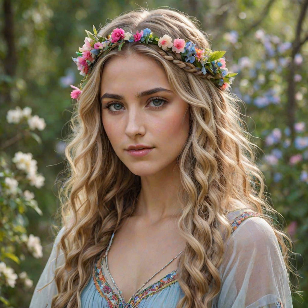 Create an image of a young Chaldean woman with long, wavy blonde hair, adorned with small, colorful flowers woven into her braids and loose strands. Her complexion is fair, with soft, glowing skin, and she has light blue eyes that gaze softly at the viewer. She wears a light, flowing dress with a gentle, ethereal quality, complementing her delicate and serene appearance. The background is slightly blurred, drawing focus to her tranquil expression and the intricate details of the flowers in her hair. The overall mood of the image is one of natural beauty and grace, evoking a sense of peacefulness and connection with nature.