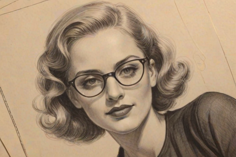 Lovely Malin 'kerman, pencil sketch, portrait of Stunning woman 1935s in glasses, hair style beatnik, outline, clear lines, fine lines, 8k