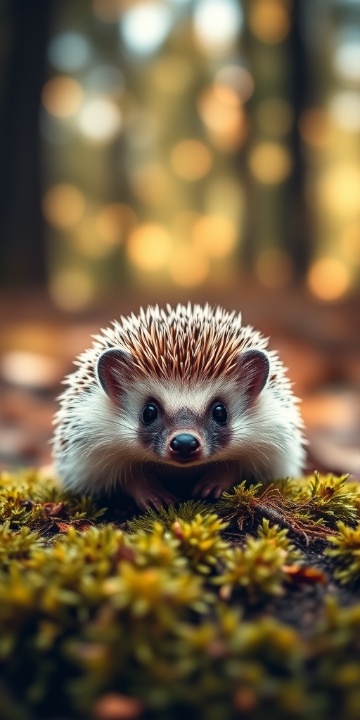 Generate a highly detailed close-up of a cute hedgehog sitting on moss in a forest with soft, warm bokeh lights in the background, using a DSLR camera at f/2.8 aperture, ISO 200, and a shutter speed of 1/200 sec, with a 50mm lens for a shallow depth of field and a natural, vibrant color palette.