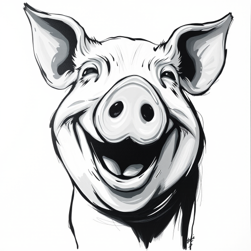 Abstract black and white acrylic portrait of an over exaggerated laughing (pig). Minimalism style. White background.