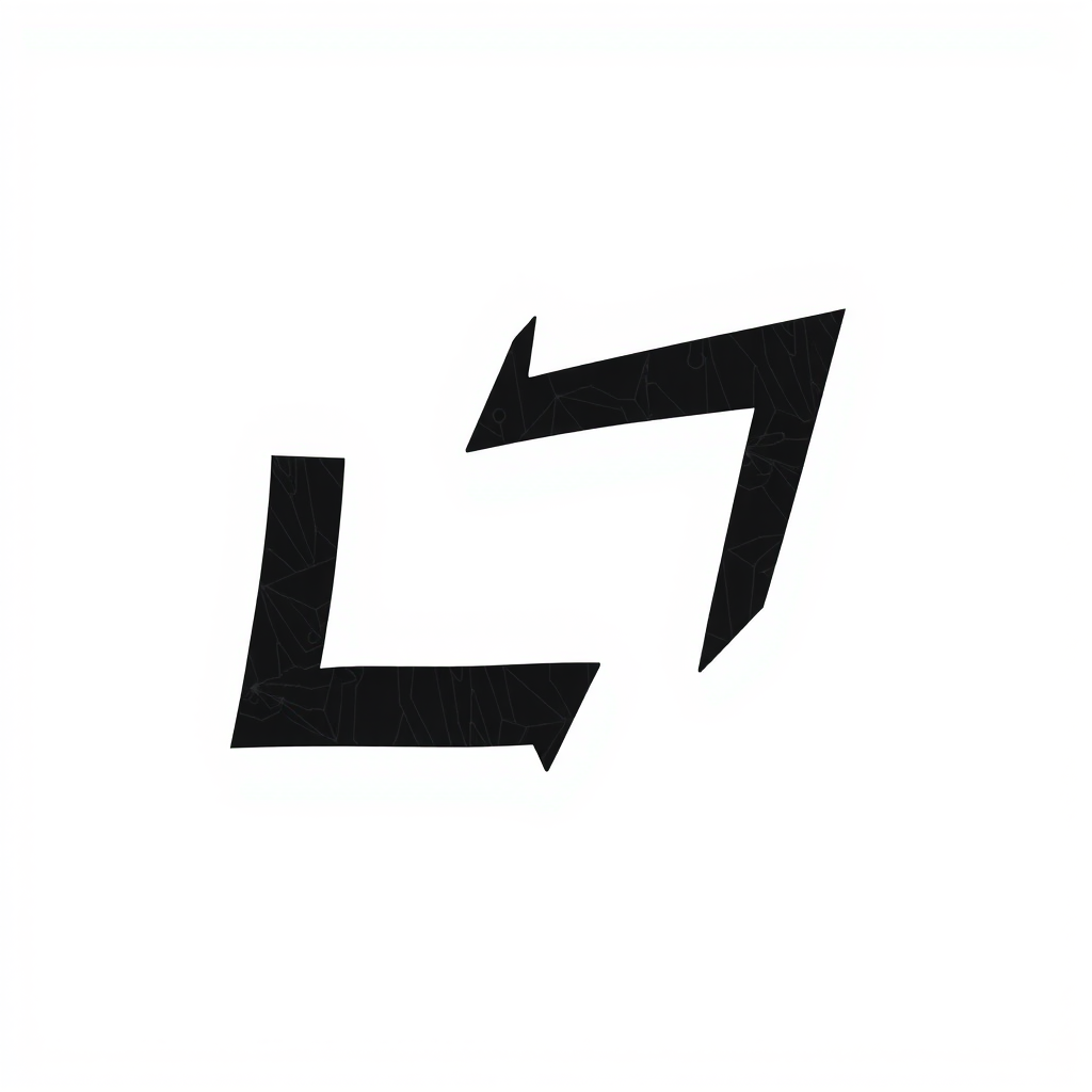 Create an abstract graphic of a jagged arrow pointing right, using bold black lines on a white background, with high contrast and sharp edges, captured in a digital format with a 50mm lens, f/2.8 aperture, high dynamic range, and a balanced exposure.